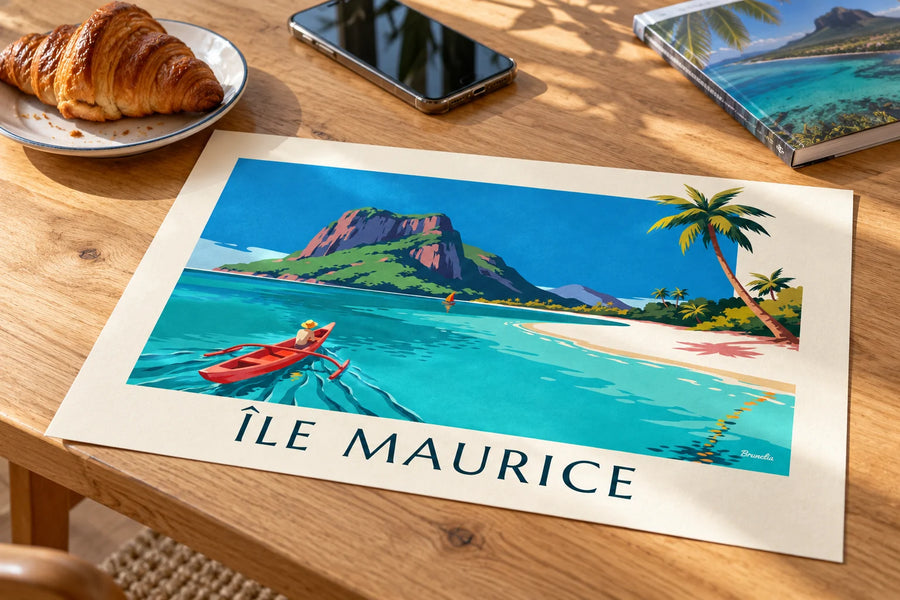 Juliste laguuni, kookospalmut ja Le Morne Brabant Mauritiuksella: pöydällä
