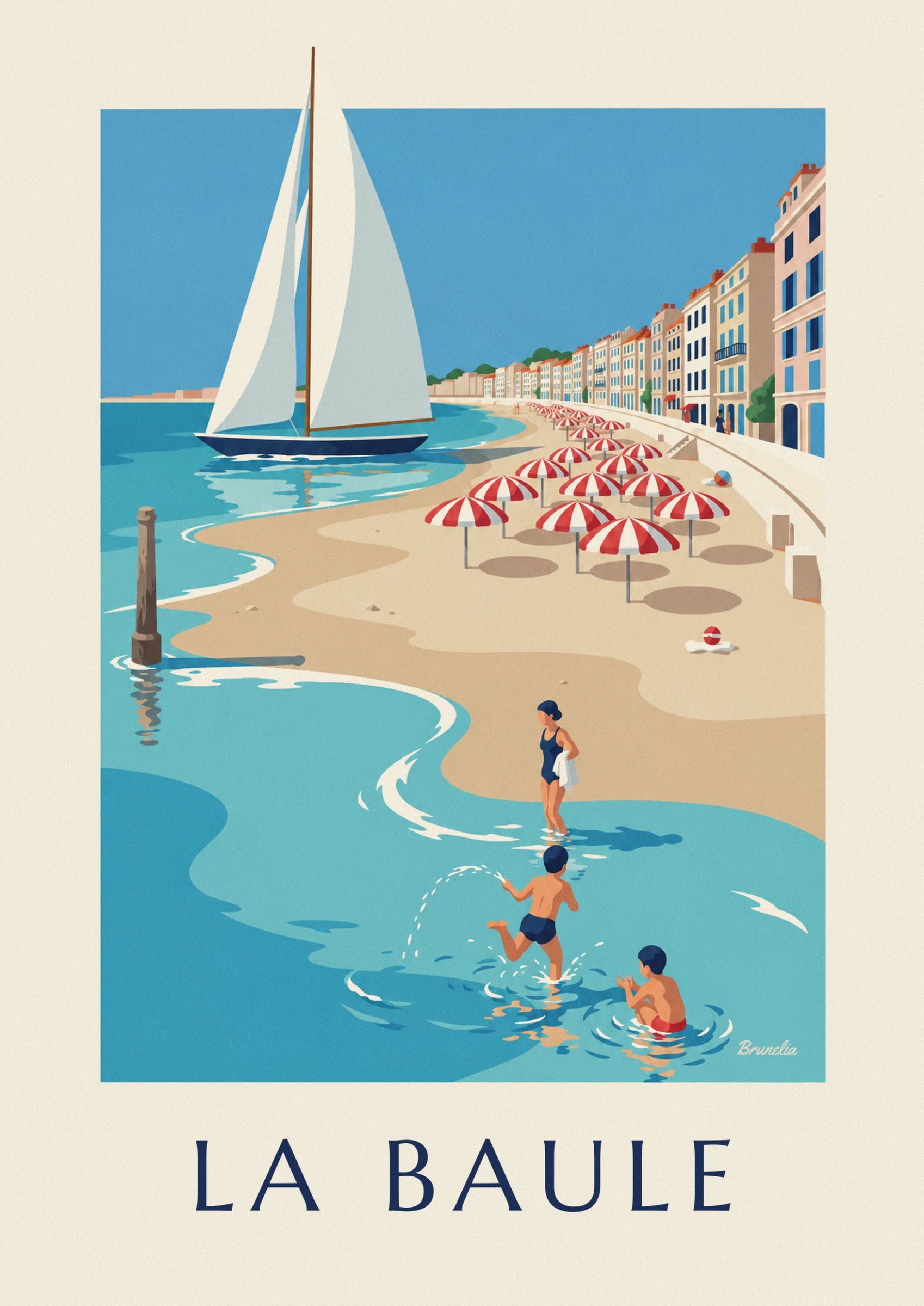 A woman in a navy swimsuit and 2 boys splashing in the turquoise water
