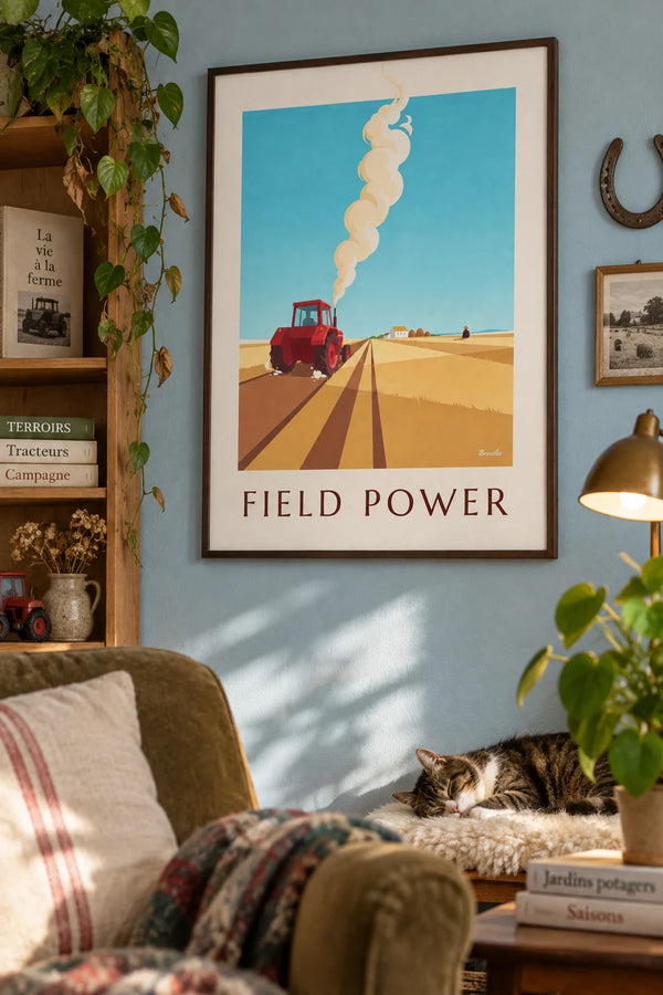 Red farm tractor plowing a golden field poster