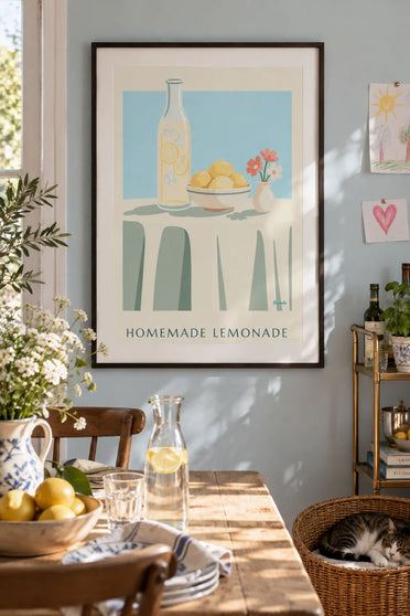 Affiche carafe de limonade maison et bol de citrons : encadrée au mur