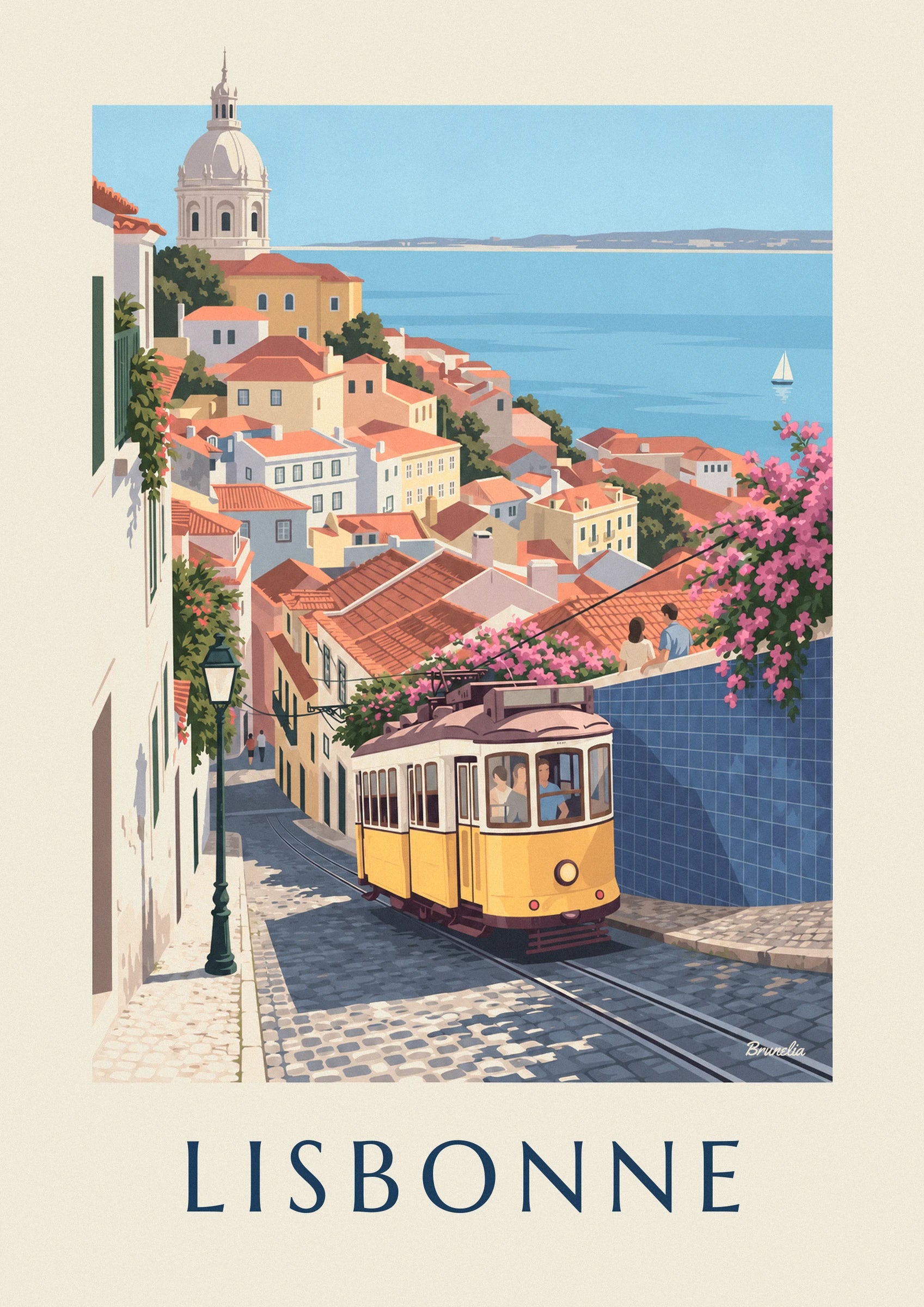 Le tramway jaune qui grimpe les pavés, sous les bougainvilliers roses et le mur d'azulejos bleus