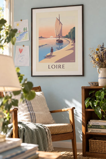 Affiche gabare à voile carrée sur la Loire au coucher du soleil : encadrée au mur