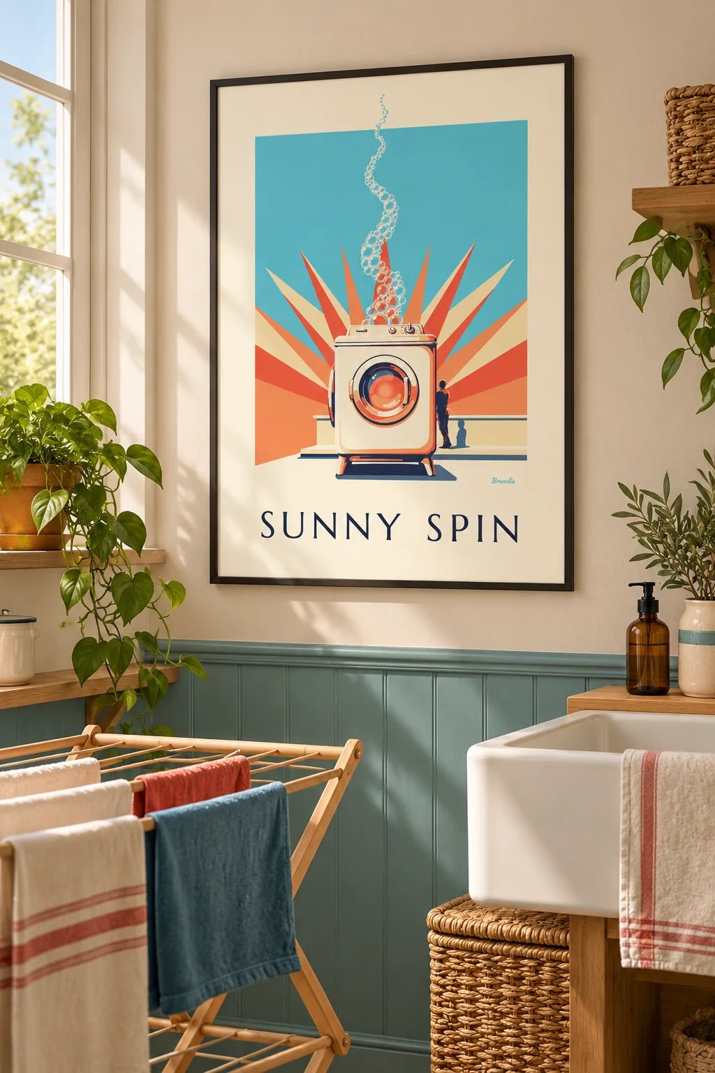Laundry room: Porthole washing machine and pastel sunrays poster on the wall