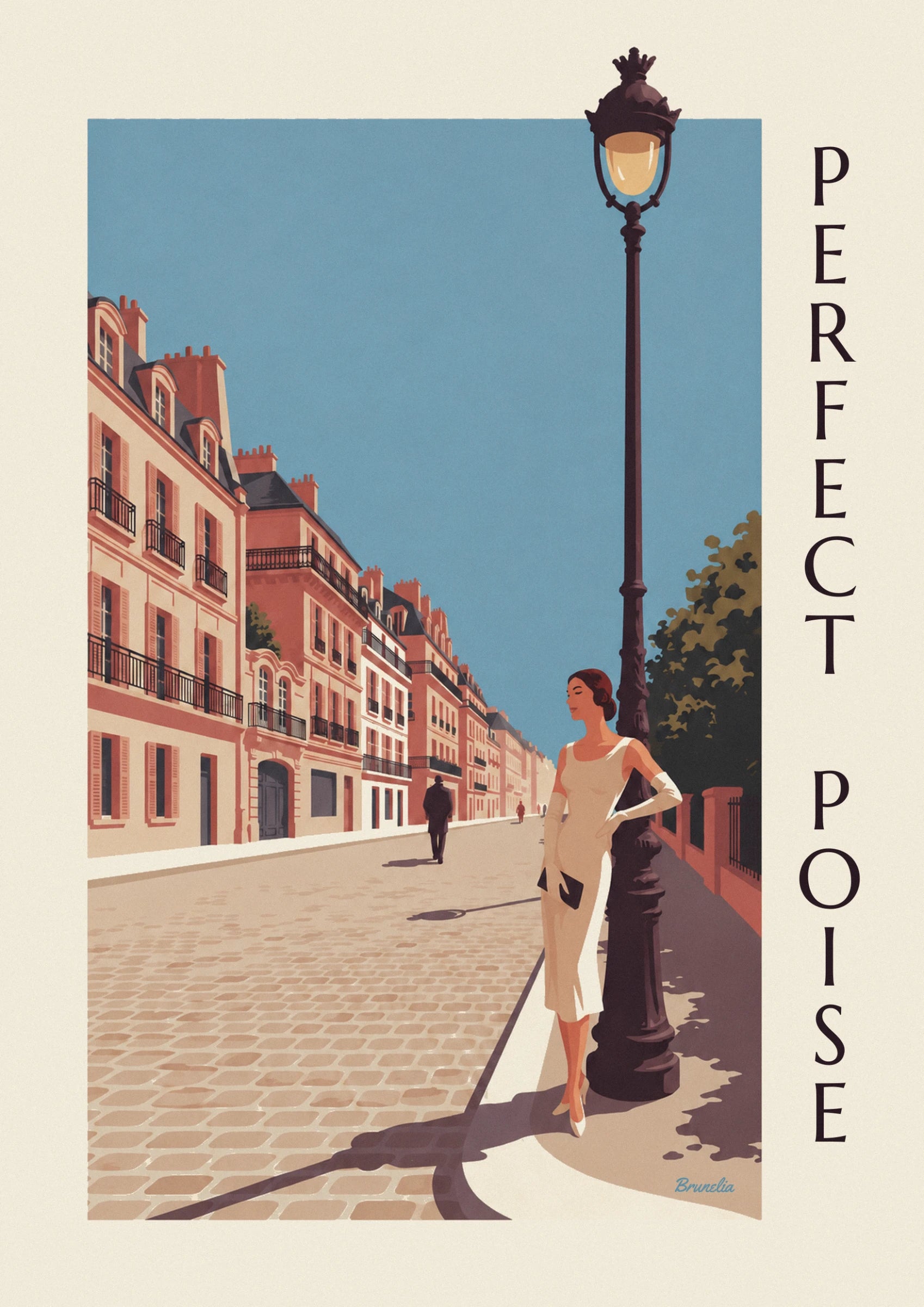 A woman in an ivory dress and long gloves, leaning against a Parisian street lamp