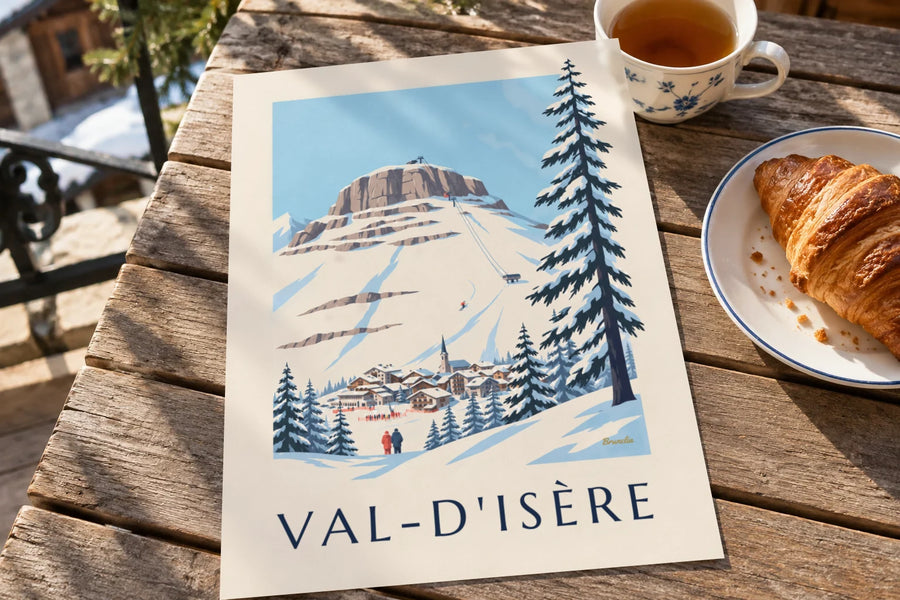 Juliste Bellevarden rinteestä ja olympialaskusta Val-d'Isèressä: pöydällä
