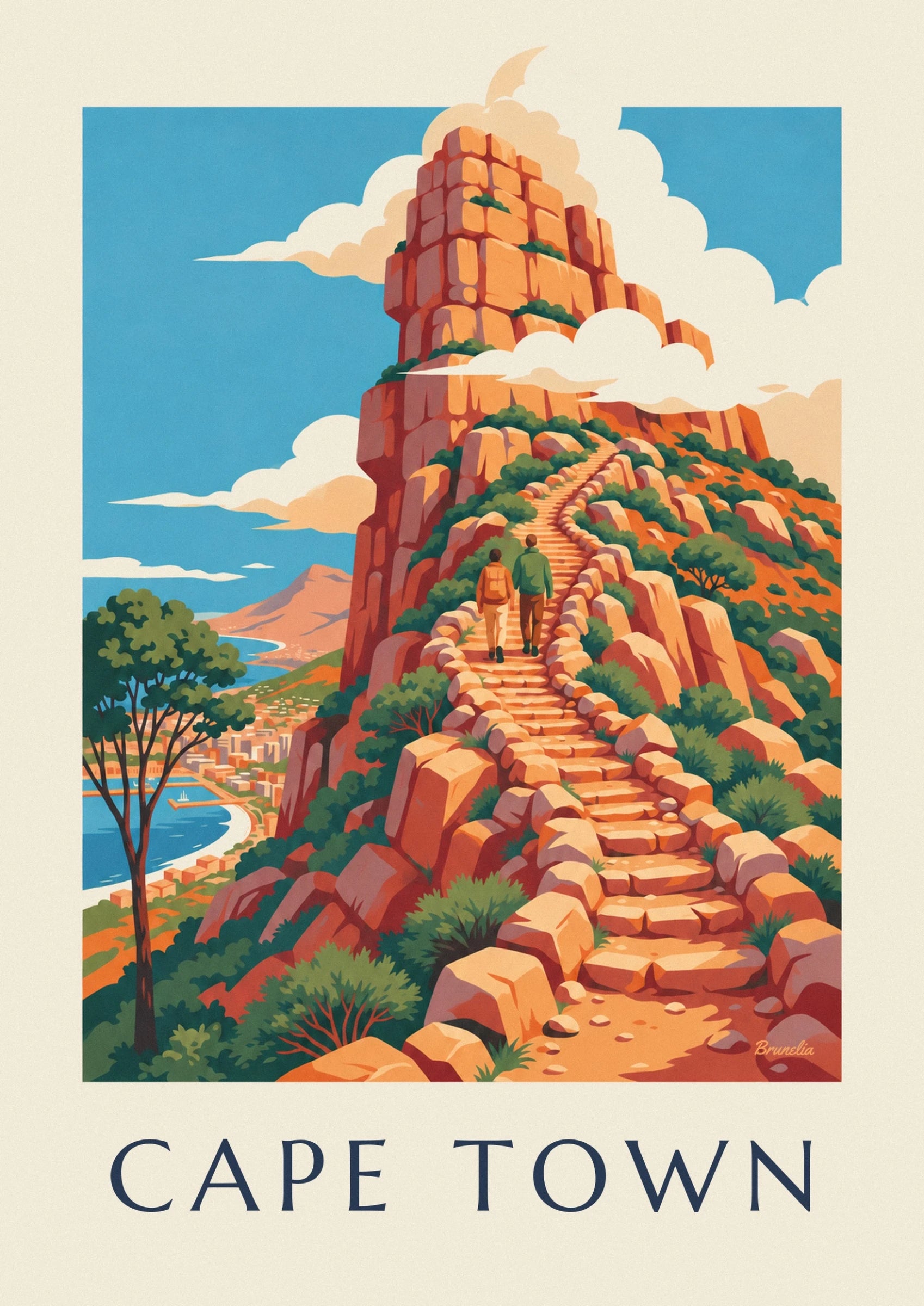 The orange cliffs of montagne de la Table between white clouds and vegetation