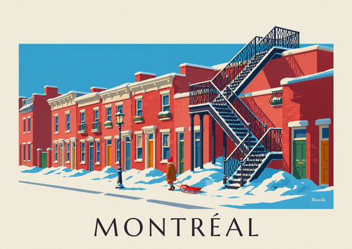 Affiche escaliers du Plateau-Mont-Royal sous la neige à Montréal : l'affiche entière