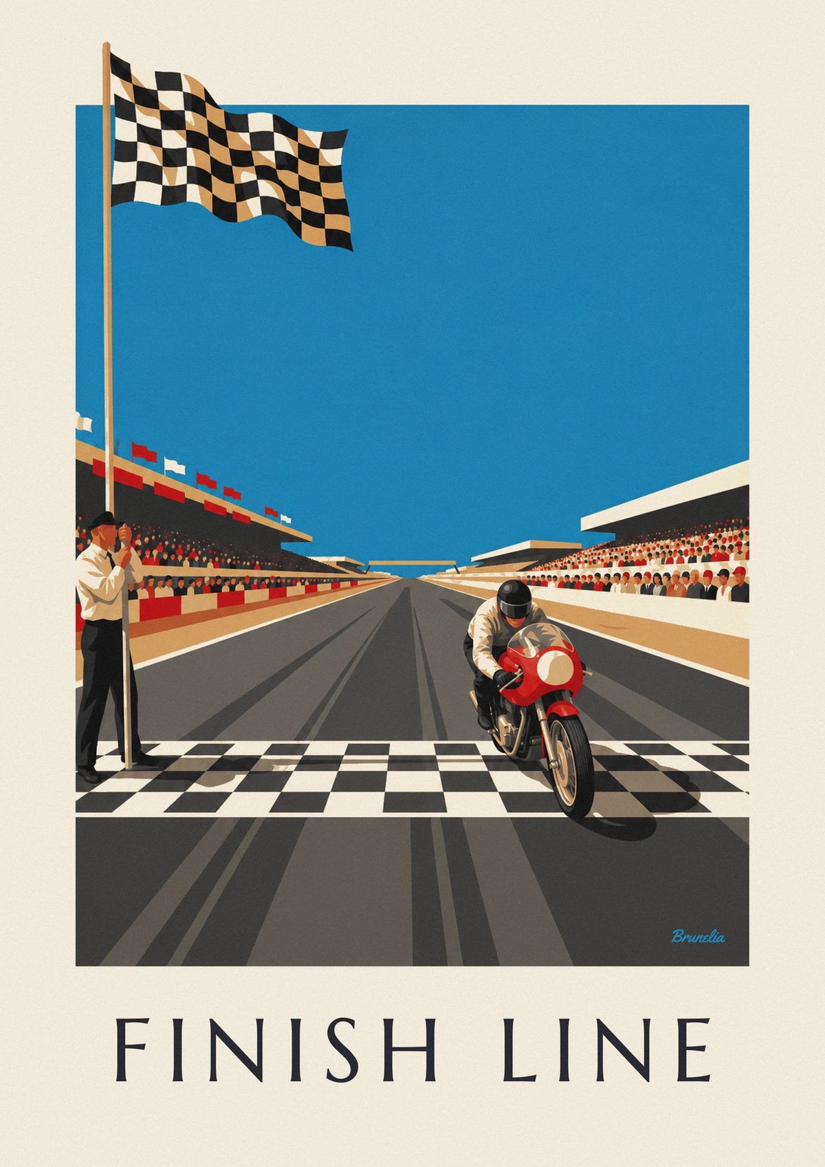 Affiche moto franchissant la ligne d’arrivée sous le drapeau à damier