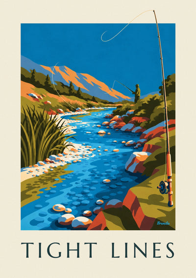 Affiche moulinet de pêche à la mouche au bord d’une rivière : l'affiche entière
