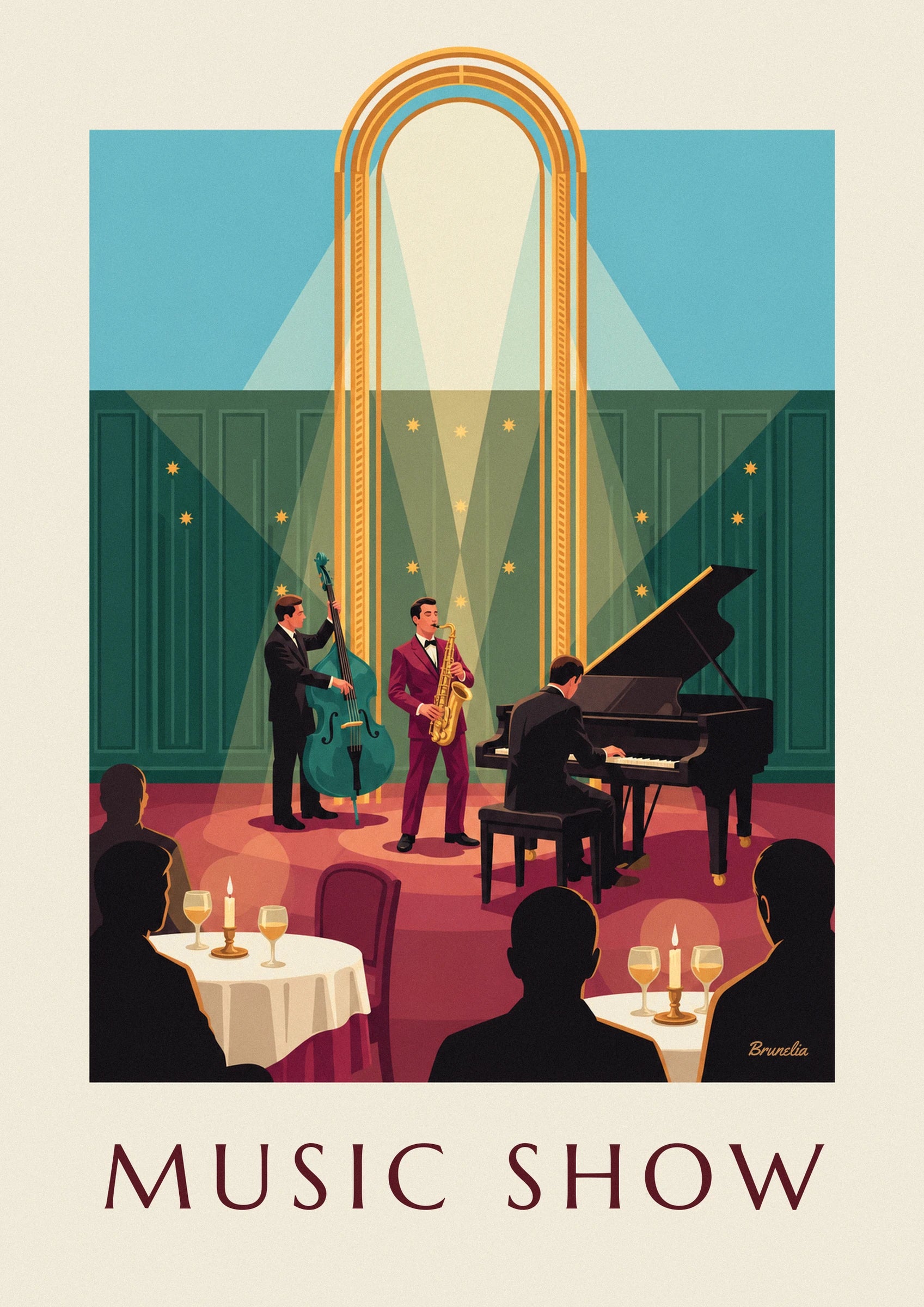 The saxophonist in a burgundy suit, between the green double bass and the black piano