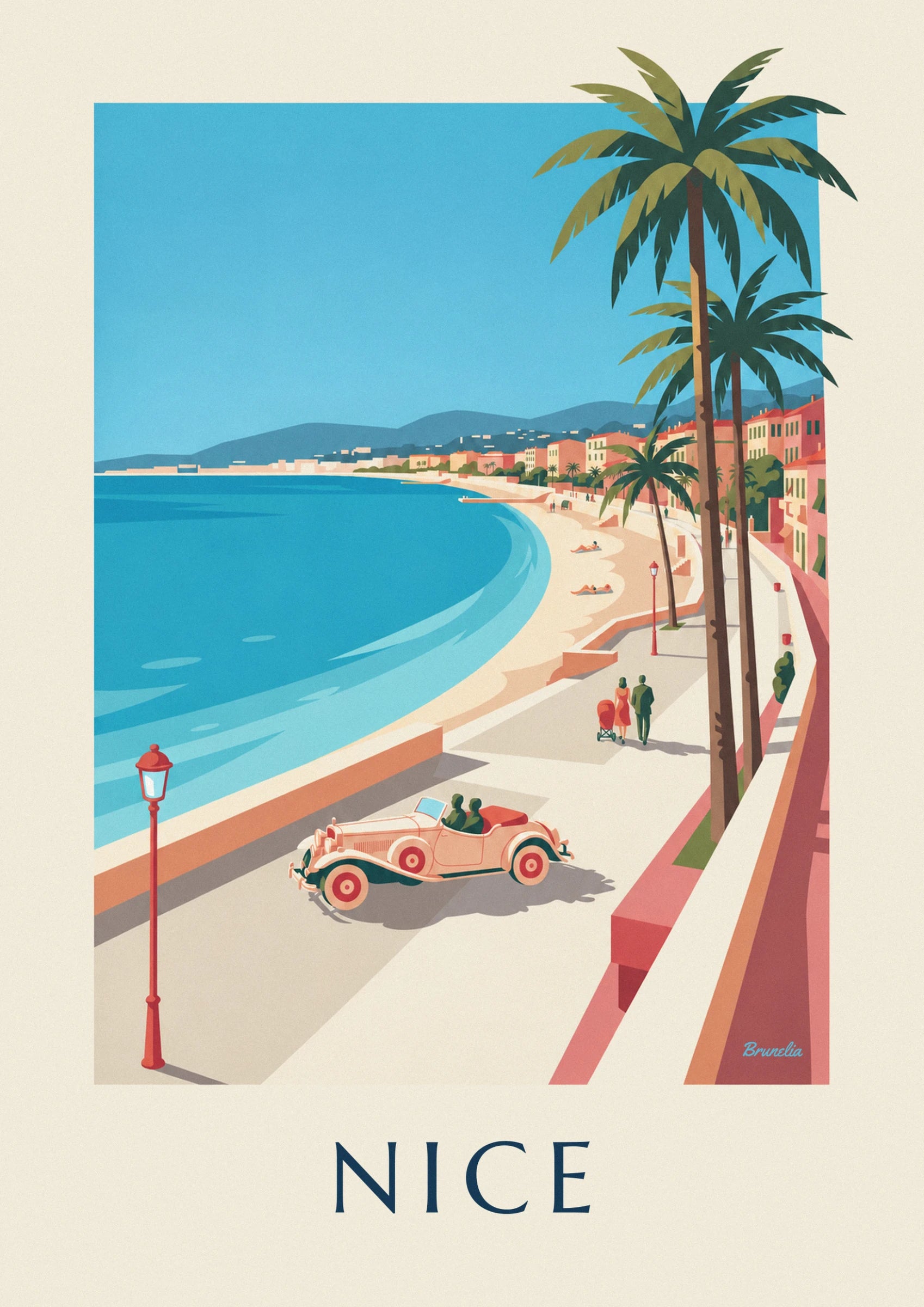 Le cabriolet crème aux roues rouges et ses 2 passagers, sur la promenade au bord de la mer