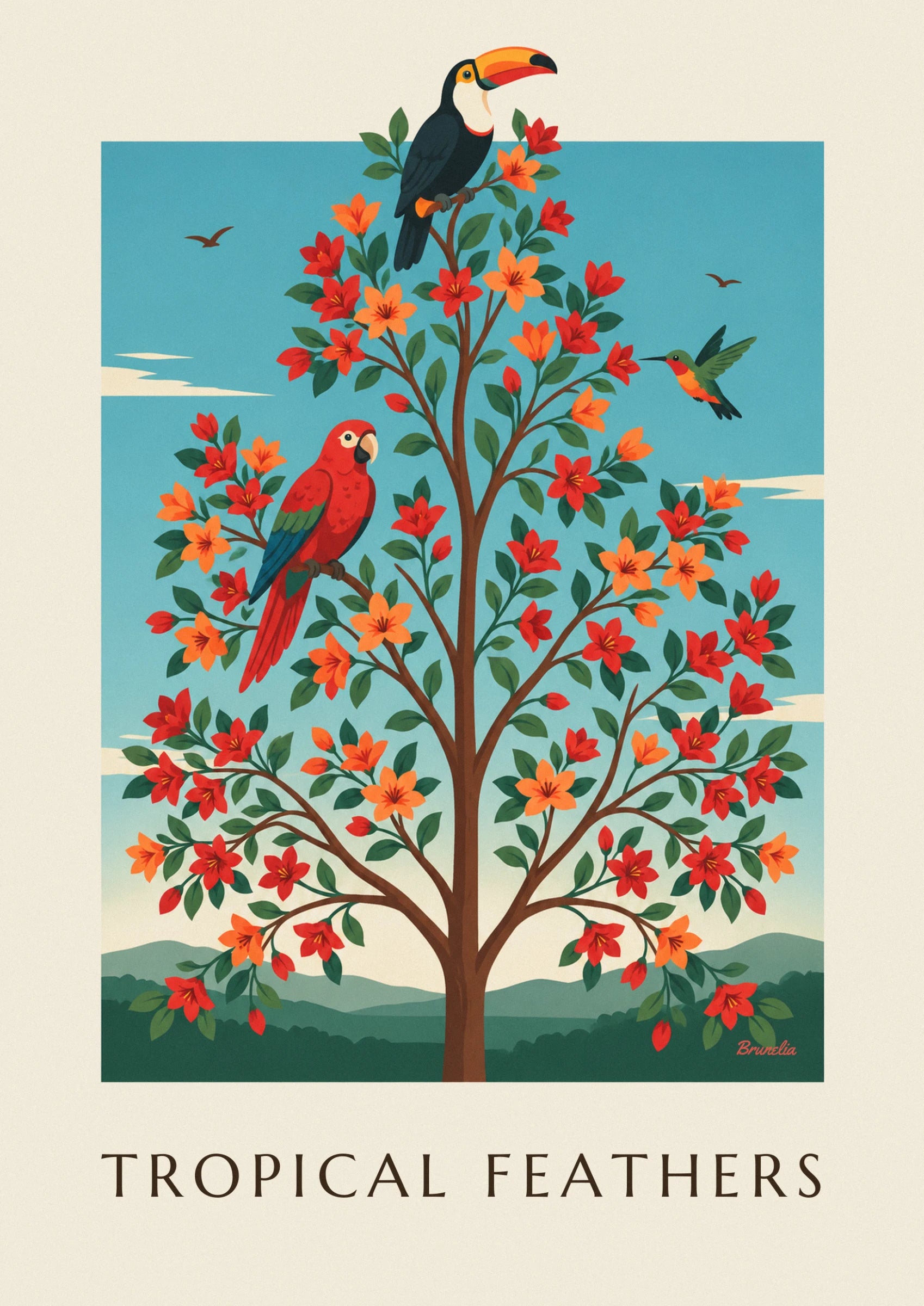 The toucan with its large orange beak perched on a flowering branch, with the sea behind