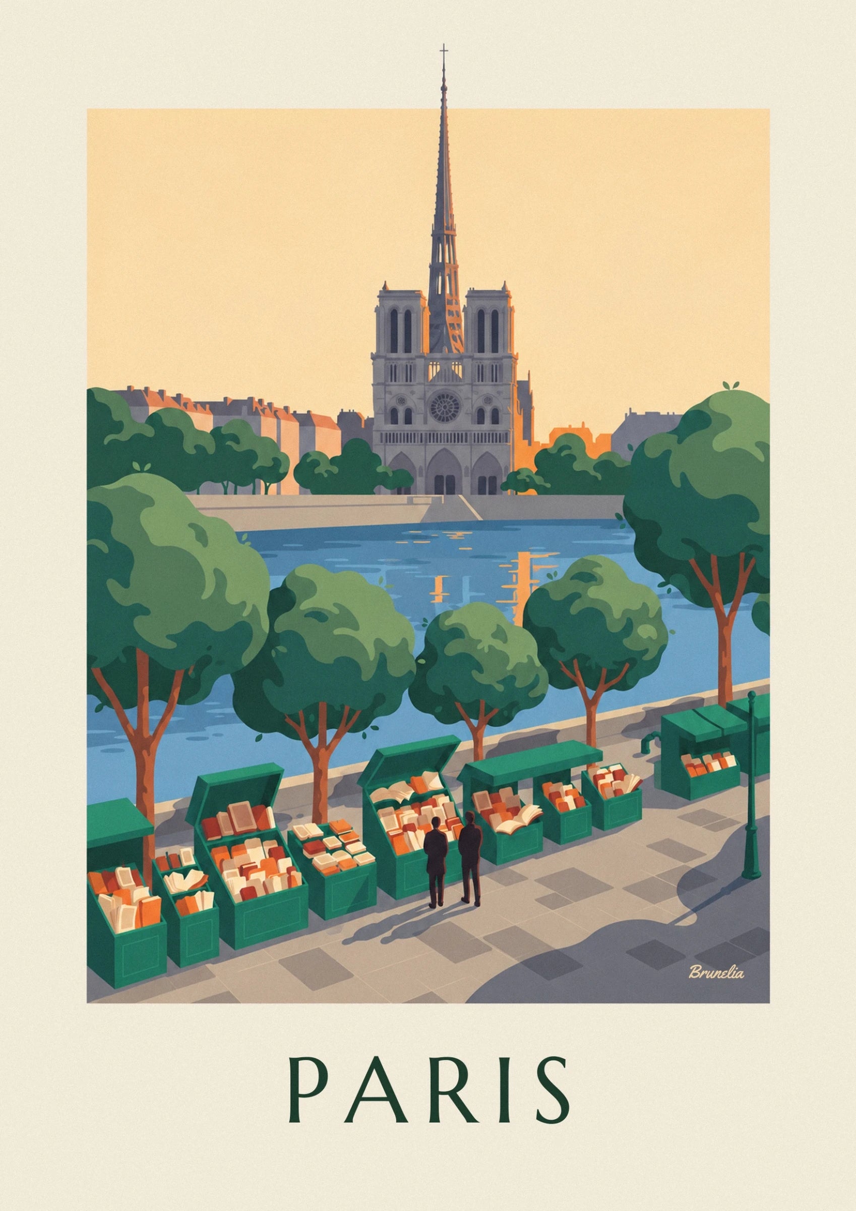 The façade of Notre-Dame and its slender spire against a golden sky