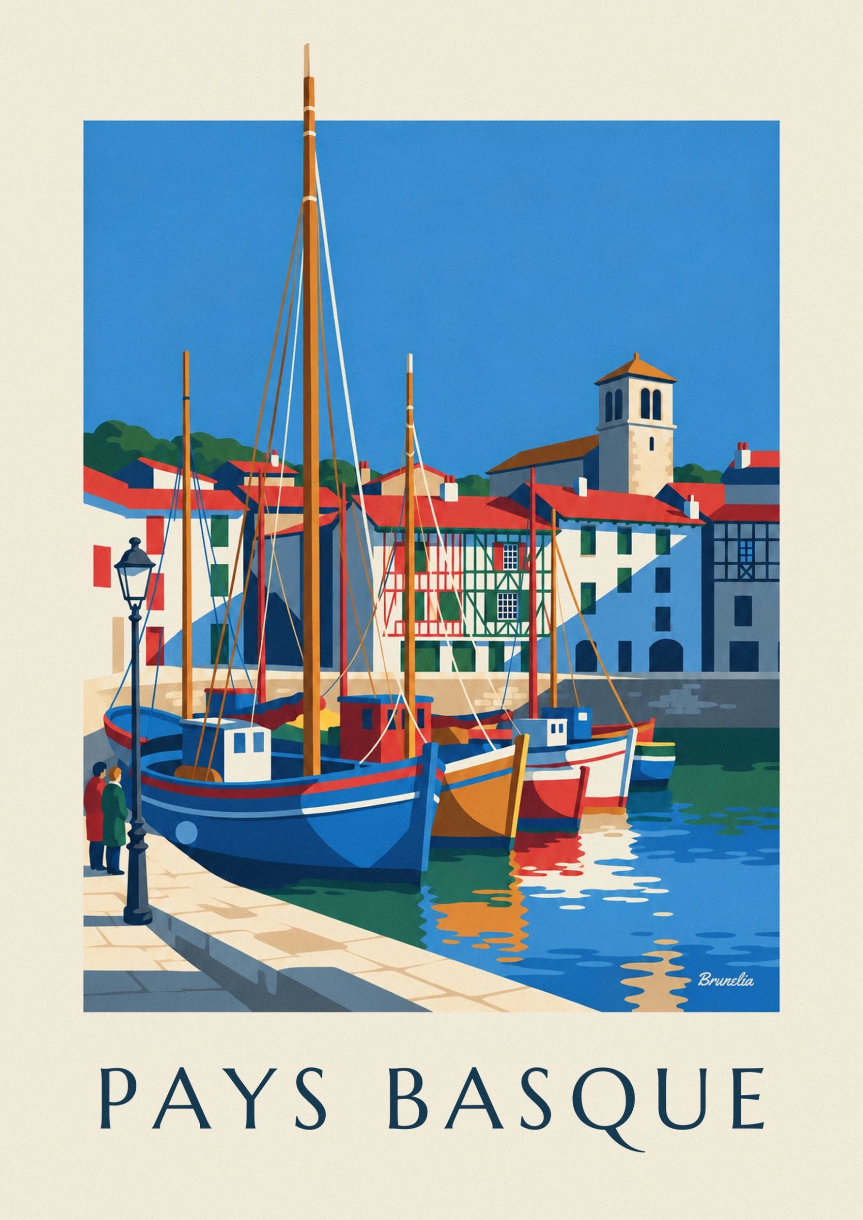The orange, red and white boats and their colourful reflections in the harbour