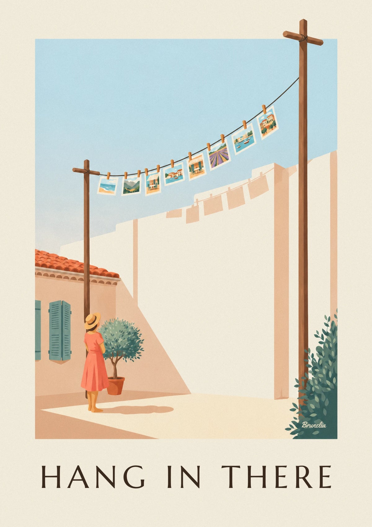 Affiche fil à linge, pinces en bois et petites photos