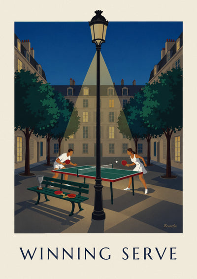Poster of a nighttime ping-pong game on a Paris square: the full poster