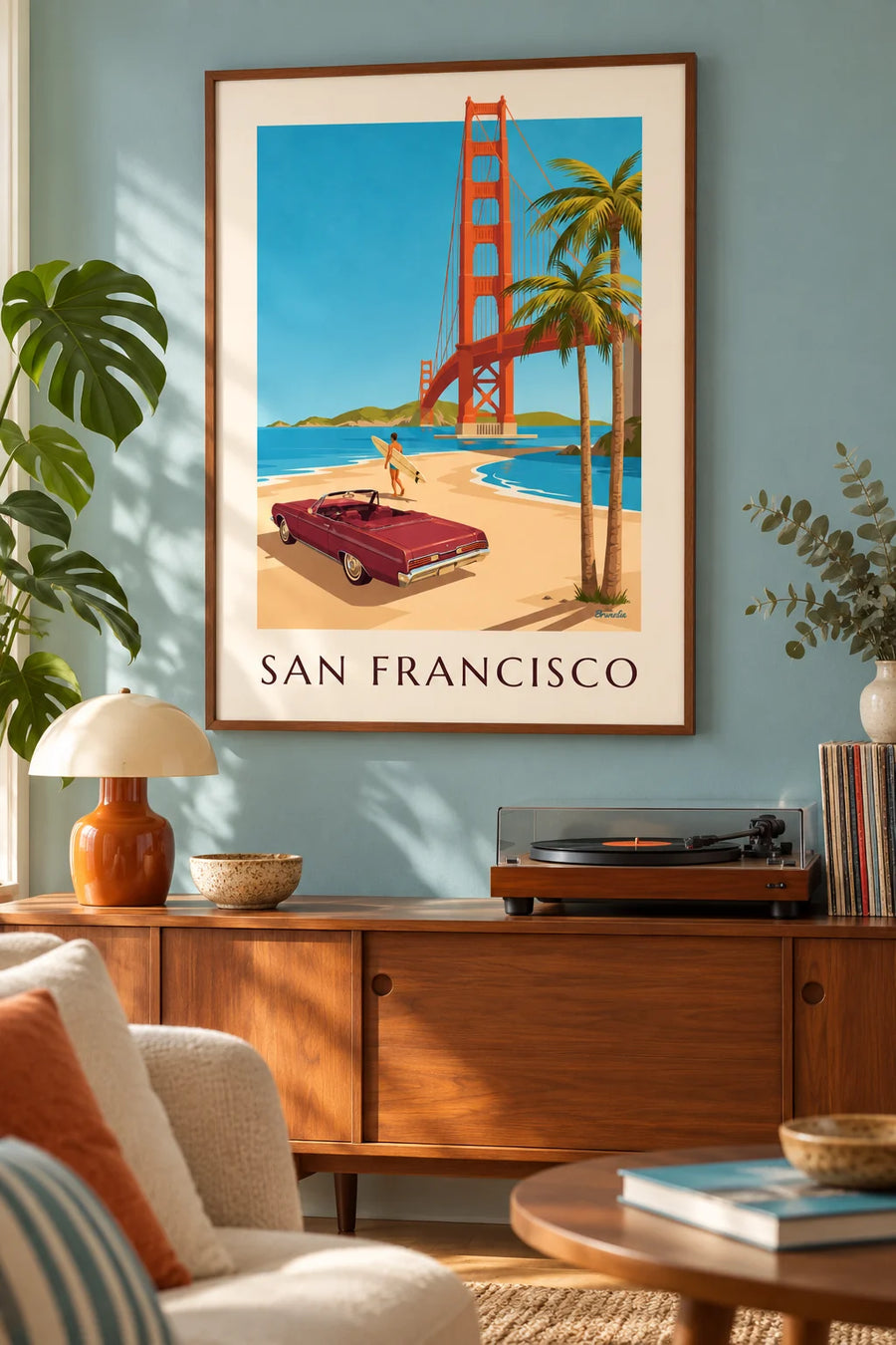 Juliste avoautosta Golden Gate -sillan edessä San Franciscossa: kehystettynä seinällä