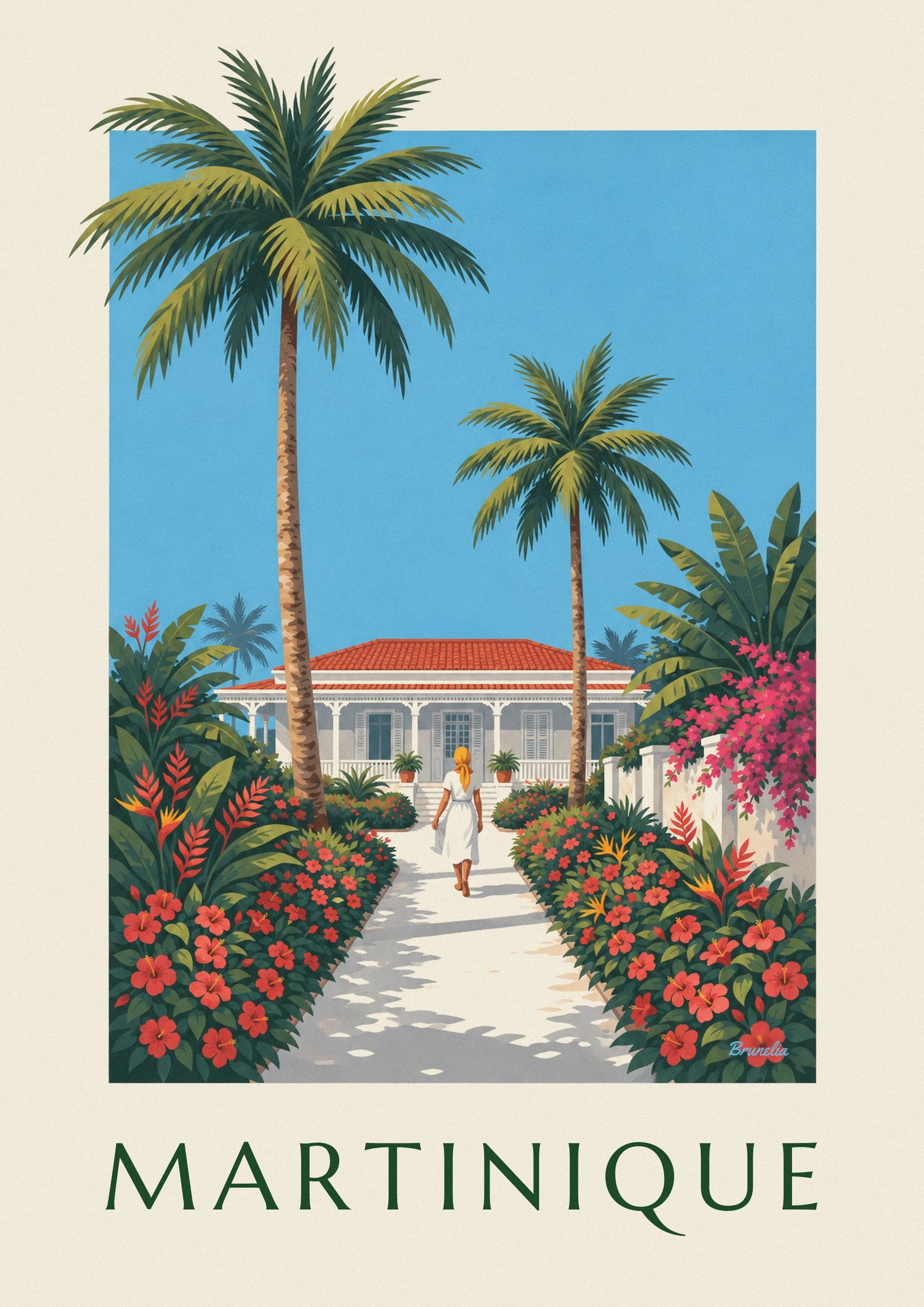 Une femme en robe blanche dans l’allée fleurie devant la maison créole au toit rouge