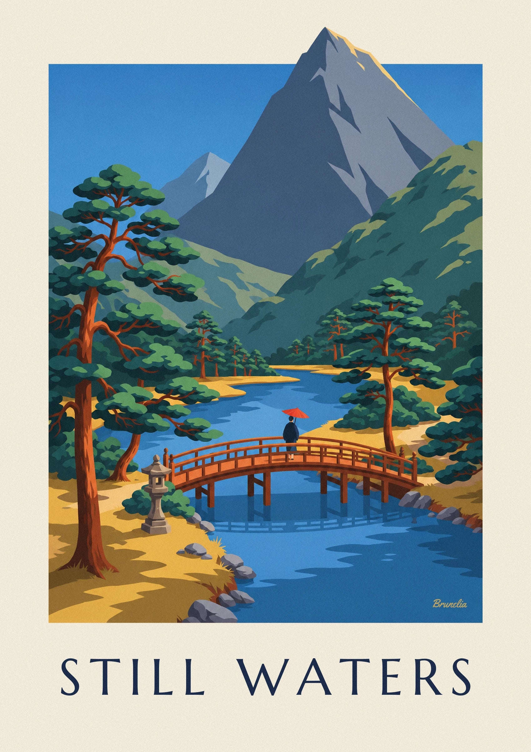The walker with a red parasol on the arched wooden bridge above the blue river