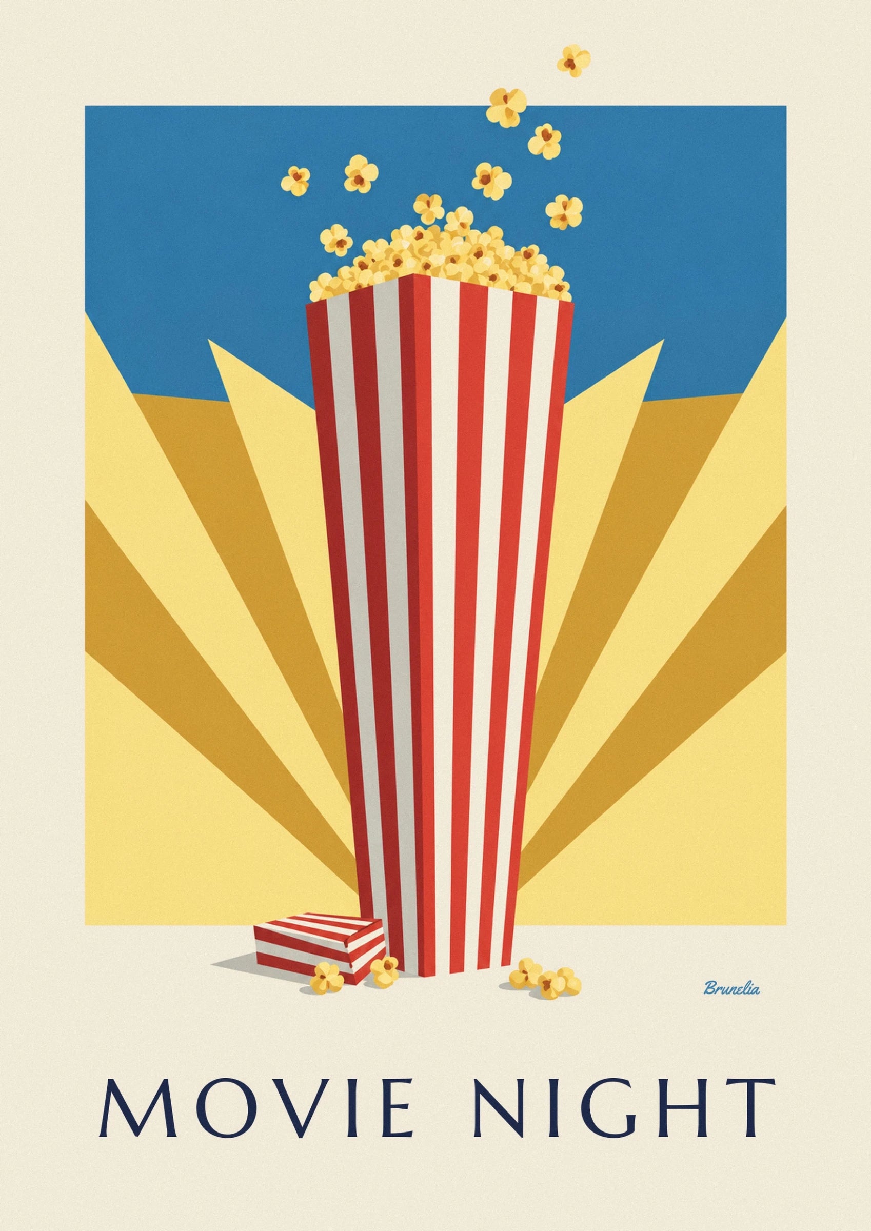 Punavalkoiset raidat popcornastiassa säteilevän keltaisen taustan edessä
