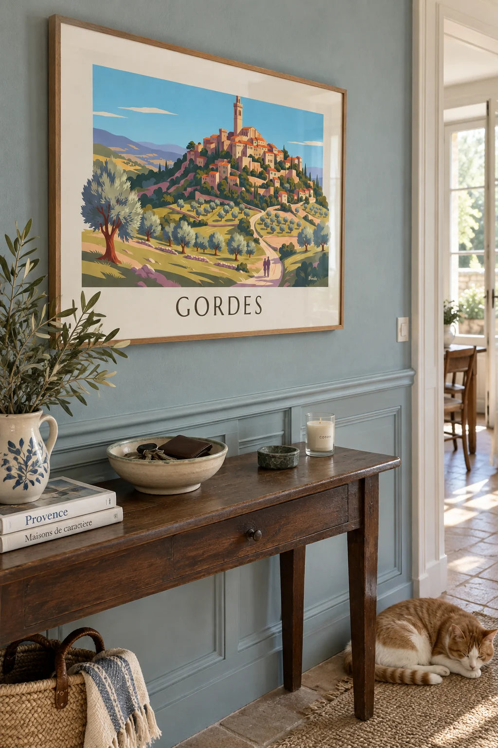 Gordes-juliste, kukkulakylä ja oliivipuut Luberonissa seinällä