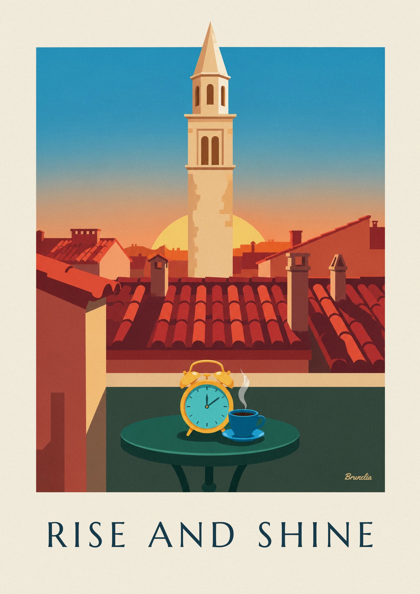 Le réveil jaune et la tasse de café bleu fumant sur la table verte