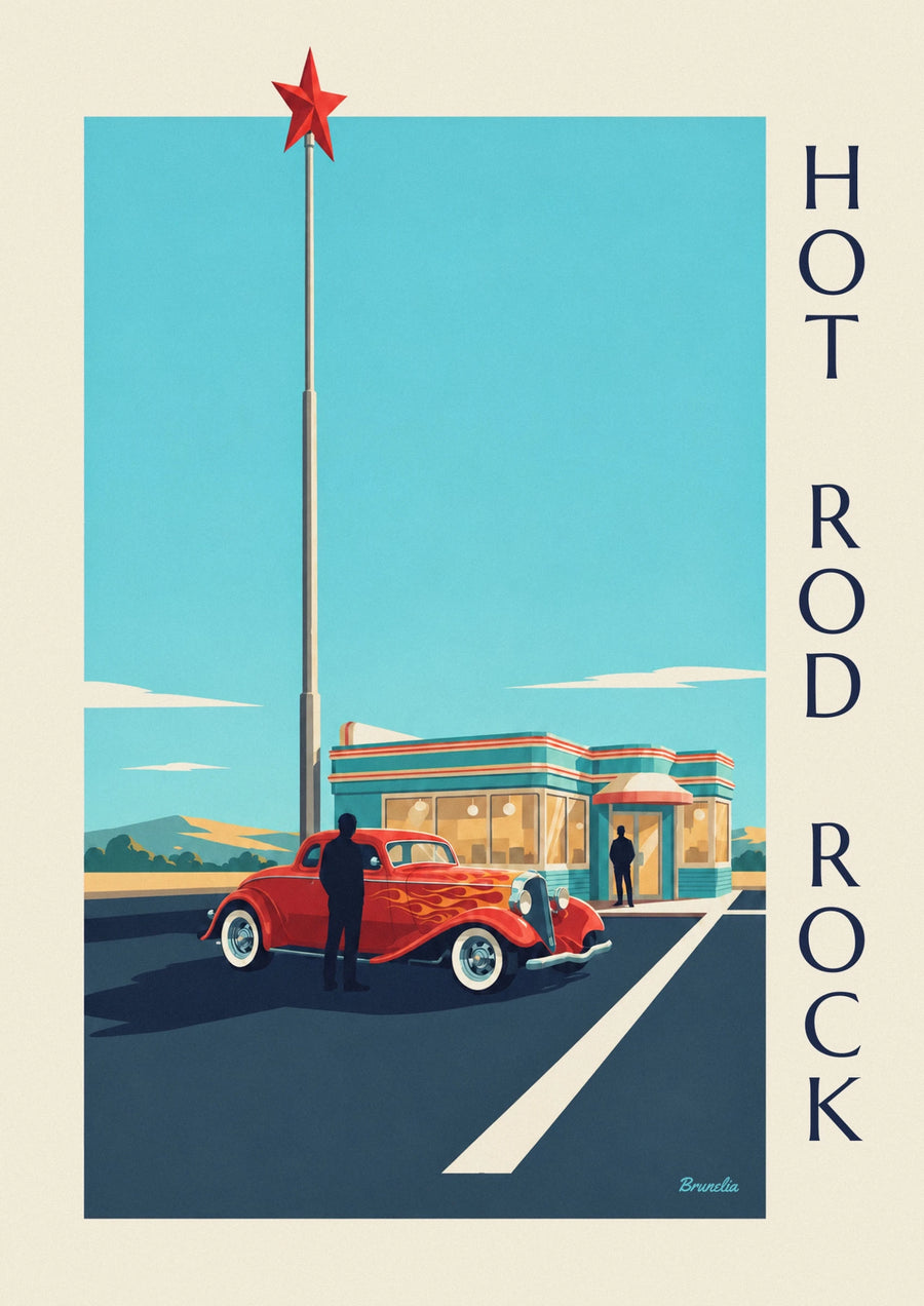 Affiche voiture hot rod devant un diner rock and roll