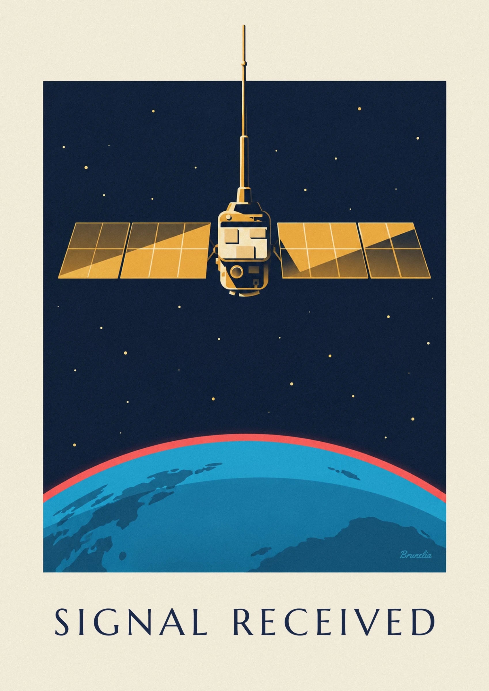 The satellite's golden body and equipment against the midnight blue of space