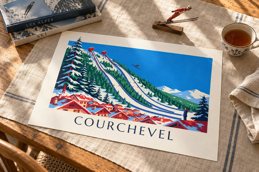 Juliste Courchevelin Prazin hyppyrimäistä: pöydällä