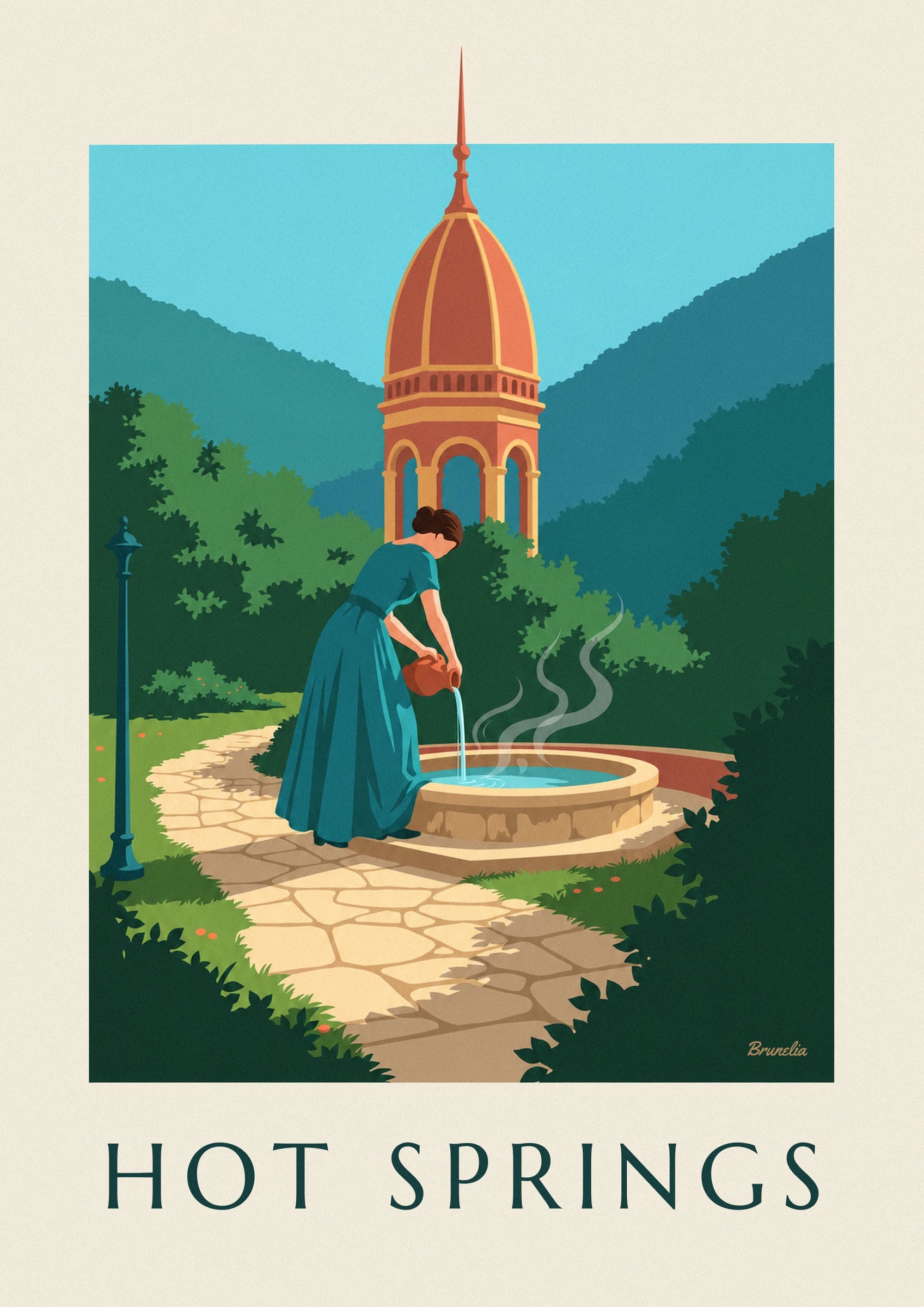 The woman in a turquoise dress pouring steaming water from a jug into the stone basin