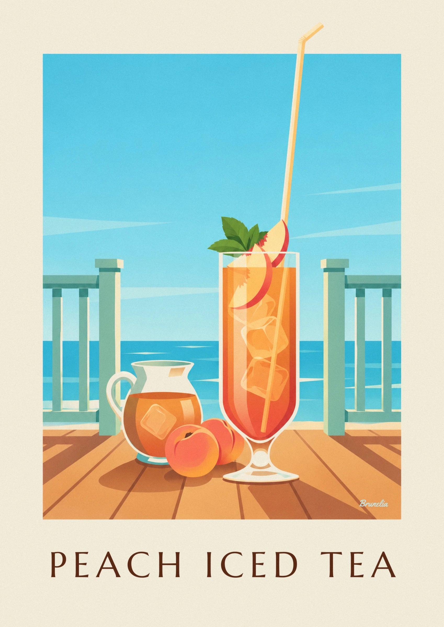 A glass of amber iced tea with ice cubes and peaches on the porch table