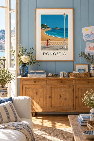 Juliste La Concha -ranta San Sebastiánissa: kehystettynä seinällä