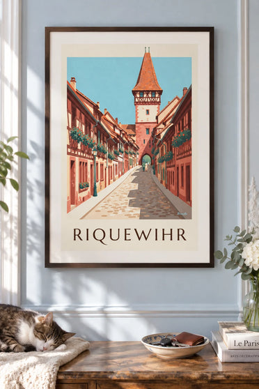 Poster of Riquewihr and its Dolder tower in Alsace: framed on the wall